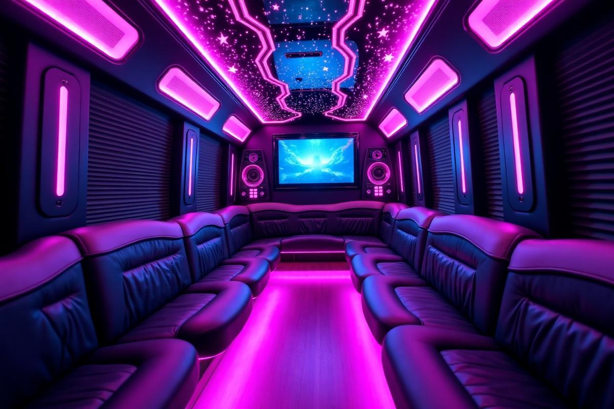 Luxury party bus interior featuring LED lights, premium sound system, and leather seating
