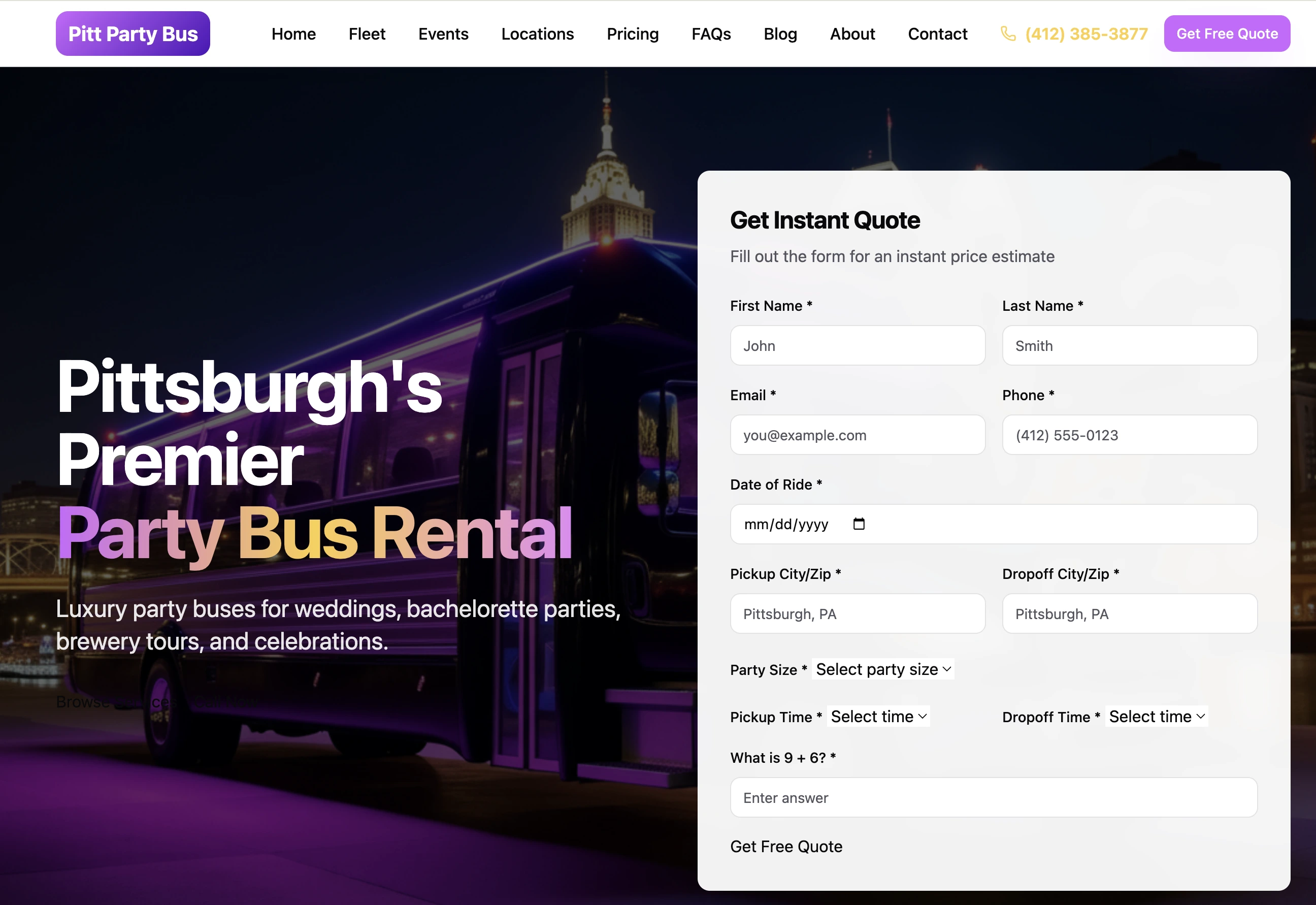 Pitt Party Bus instant quote booking form - Get your party bus price in minutes