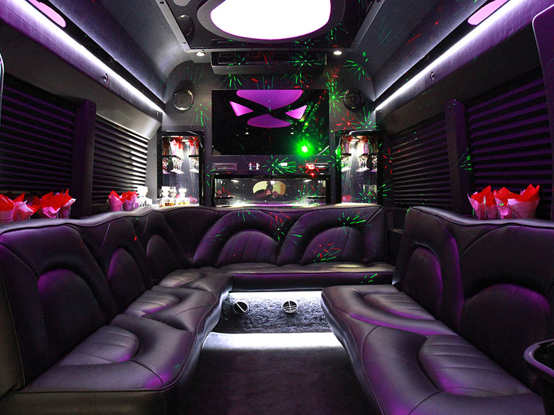 Professional party bus interior with professional driver